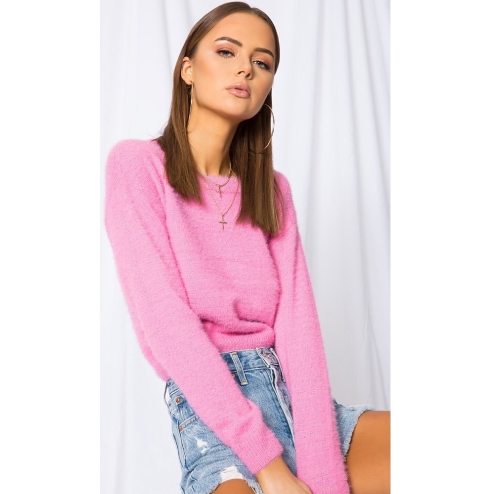 Superdown Kristina Knit Sweater in Pink Fuzzy Knit Pullover Crewneck Ribbed Trim